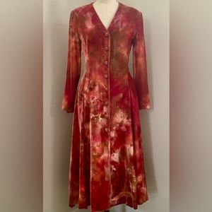 Handmade Vintage Tie Dye Velvet Long Dress Kaftan Style Button Front Closure S/M